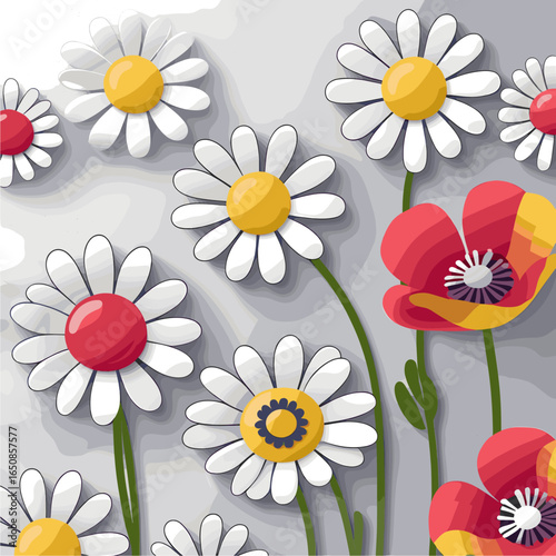 Vibrant Paper Cutout Flowers: Daisies and Poppies with Shadows on Gray Background