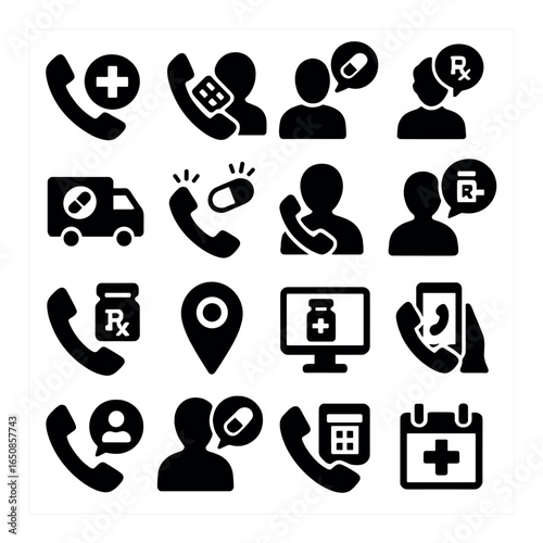 Medical communication icons set with phone, prescription, and healthcare symbols