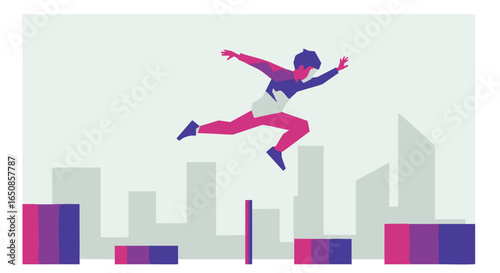 Stylized vector illustration of a determined person leaping over obstacles in an urban setting, representing parkour, achievement, and overcoming challenges