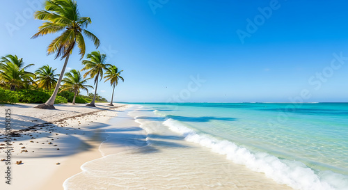 Paradise tropical island beach with palm trees and a calm turquoise ocean