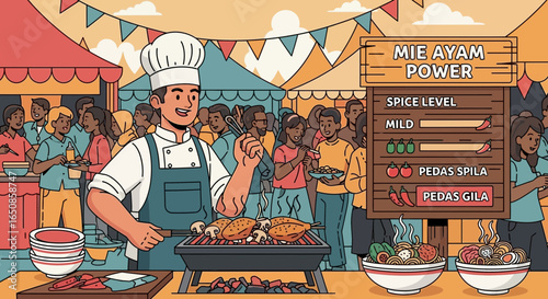 Lively street food festival featuring a skilled chef grilling mie ayam with spice ratings