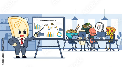 Cartoon food characters attend an ad performance presentation in office setting