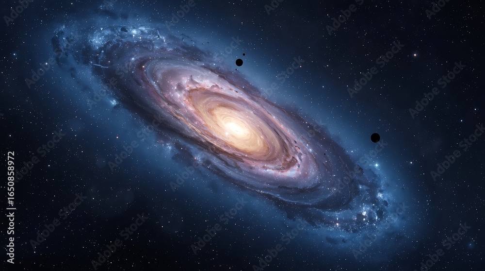 Naklejka premium Conceptual universe and galaxies image, cosmic scene with swirling galaxy surrounded by planets and stars in darkness, Spiral Galaxy Space Stars, created with generative ai