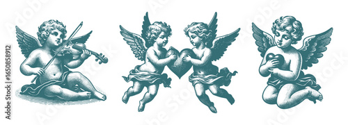 Cherub Cupid Love Angel Vintage Vector Set Valentine’s Day Celebration Engraving Print For Cards, Invitations, Tattoo, Clothing Design
