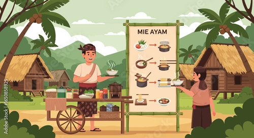 Authentic Mie Ayam Street Food Experience in a Serene Indonesian Village Setting