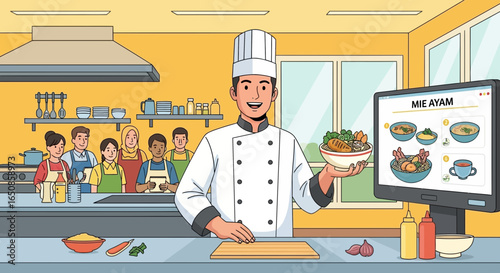 Cheerful chef presenting mie ayam dish in a modern kitchen classroom setting
