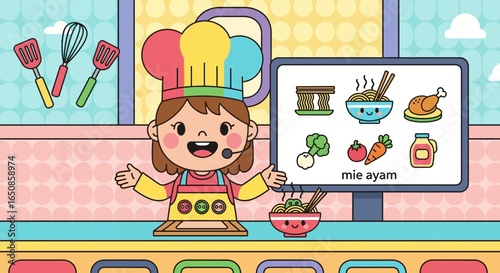 Cartoon chef guiding through an online cooking lesson for children's education
