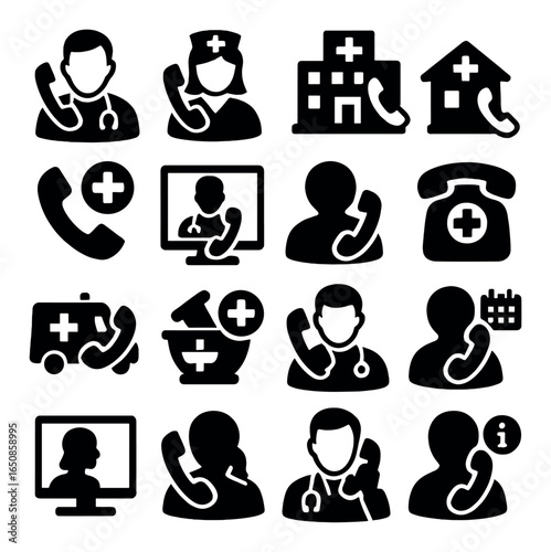 Healthcare communication icons: telemedicine, medical support, virtual consultation