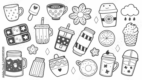 Collection of doodle style food and beverage drawings including ice cream and various drinks ninety nine silhouette