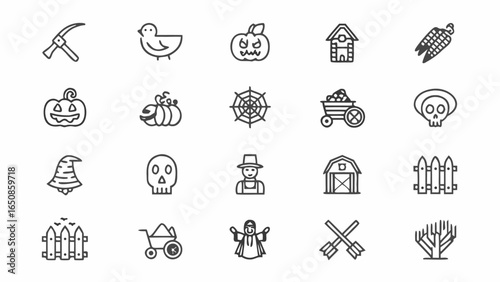 Illustration of various halloween and farming icons including pumpkins, skulls, and farm tools icons silhouette