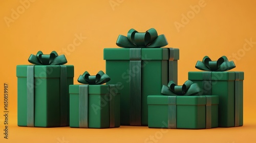 Green gift boxes with ribbons on orange background.