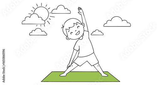 A cheerful boy practices triangle pose on a yoga mat outdoors under a sunny sky with clouds