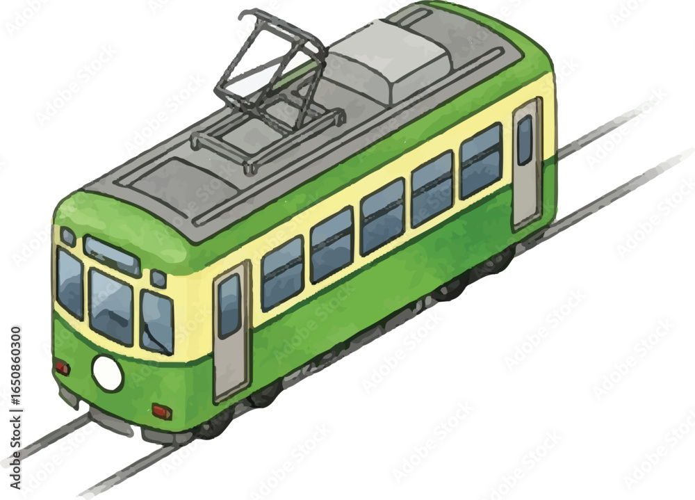 Fototapeta premium Green Trolley Bus on City Streets with Overhead Wires, Adobe Stock