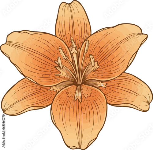 isolated need Orange Flower hand drawn on white background vector. Natural botanical elegant lily floral with gold line art. Luxury illustration for decoration, wall decor, wallpaper, cover, banner, 