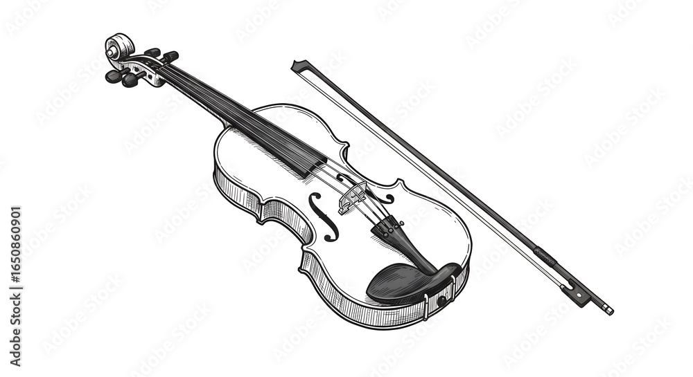 Obraz premium Hand-drawn sketch of a violin and bow on a white background