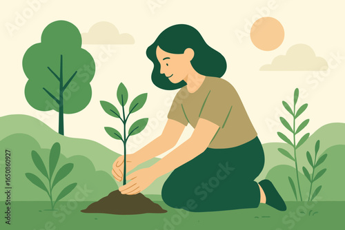 Flat illustration of a woman planting a tree, perfect for eco lifestyle, sustainability, and nature care themes.
