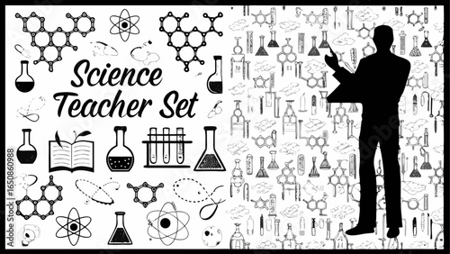 Illustration featuring a science teacher silhouette with chemistry elements and lab equipment sketches