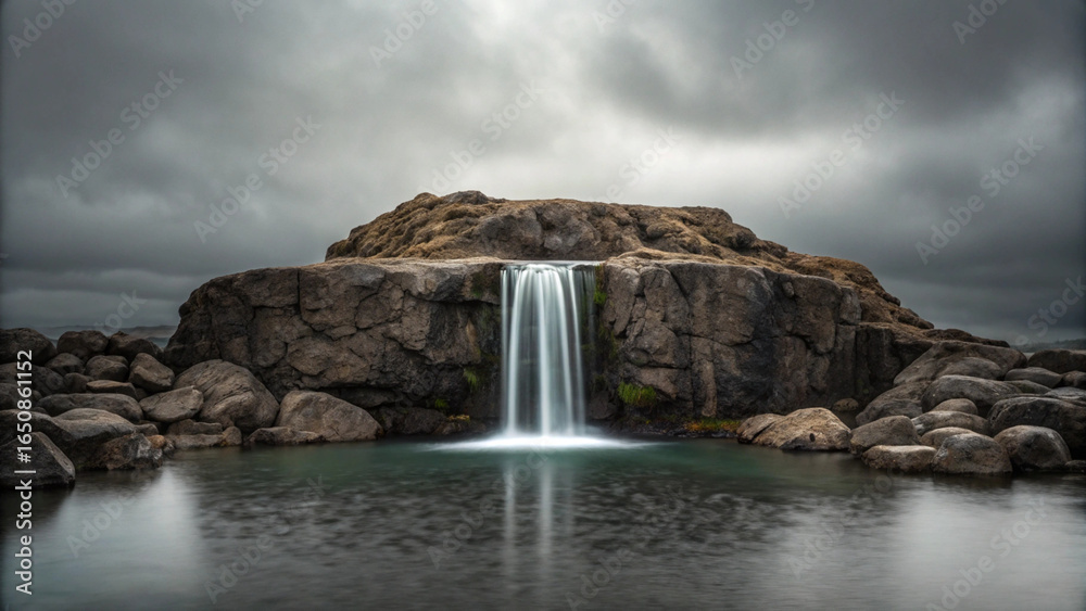 Obraz premium A serene waterfall cascading into a tranquil pool under a dramatic cloudy sky