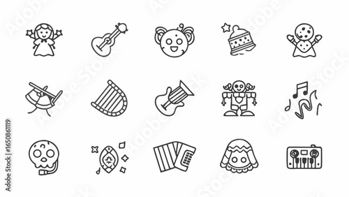 Illustration of various musical instruments and whimsical figures in a line art style on a white background silhouette