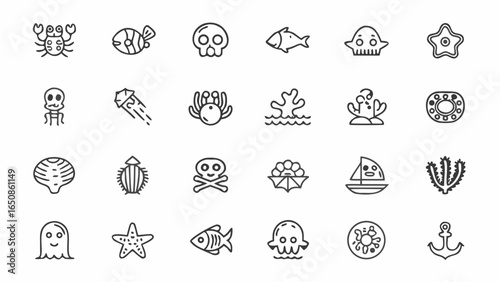 Illustration showcasing various sea creatures and related items in a simple outlined style on a white background silhouette