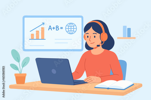 Ilustrasi flat seorang perempuan belajar online dengan laptop dan headphone, cocok untuk tema edukasi digital dan e-learning.