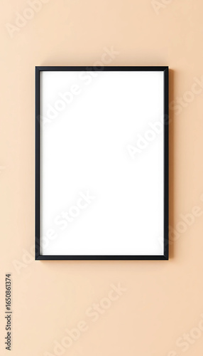 A smooth matte plaster wall in warm beige, featuring an ISO A poster mockup in a sleek black aluminum frame with a subtle satin finish.