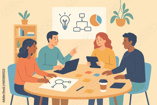 Flat illustration of data analyst presenting business report with charts and graphs on screen.