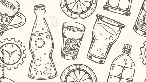 Illustration featuring a pattern of bottles, glasses, clocks and gears in a steampunk inspired design style silhouette