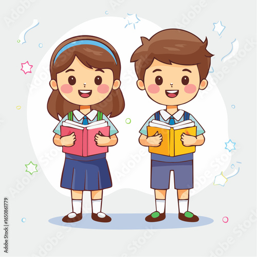 School Kids Reading Boy and Girl in Uniform with Books Illustration