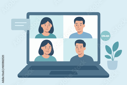 Vector illustration of group of people in an online video call.