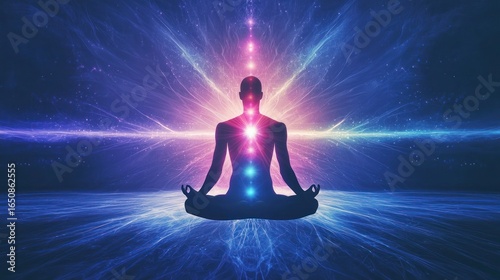 Meditation concept with flowing energy lines and chakras