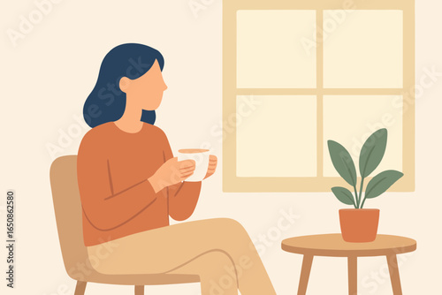 Flat vector illustration of woman relaxing with coffee at home.