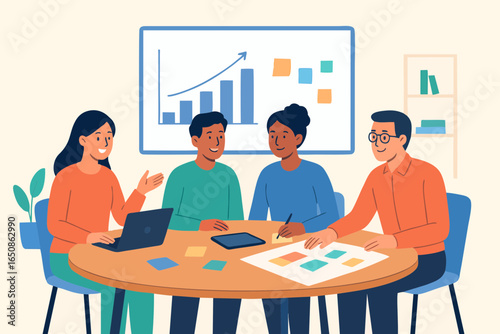 Flat vector illustration of office teamwork discussing project with charts and data.