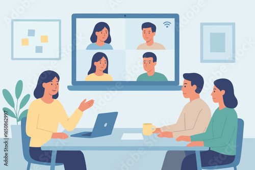 Vector illustration of group video call conference with multiple participants.