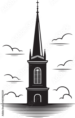 Iconic steeple piercing sky above stylized clouds and landscape