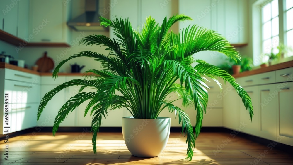 Fototapeta premium A large green plant in a white pot placed in a bright kitchen with white cabinets and wooden flooring.