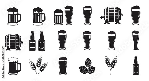 Beer icons set Black silhouette icons of mugs, bottles, hops, and barrels