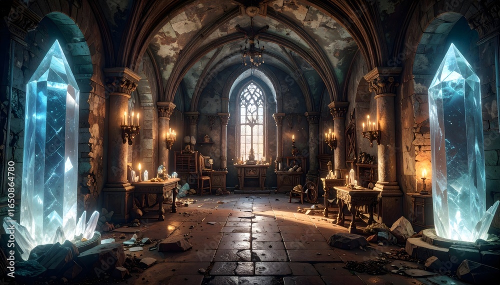 Obraz premium Glowing crystals light a ruined temple.
