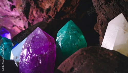 Glowing crystals in dark cavern scene