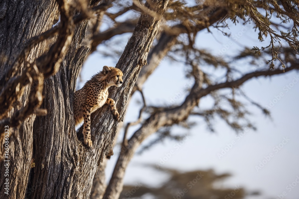 Obraz premium A cheetah climbing a tree