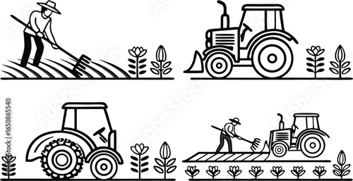 Farmers cultivating fields with tractors and tools, showcasing rural agricultural work and modern farming.