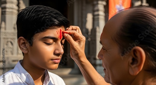 An elderly man applies a red tilak mark to a young boy's forehead during a traditional Hindu religious ceremony at a temple.
