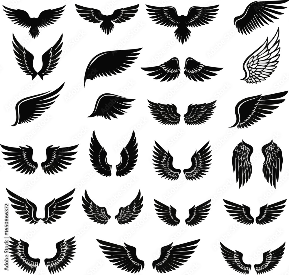 Obraz premium Create a kinds of Black wings silhouette vector set, the wings set is ideal for logo, emblem, badge design. Versatile for art, heraldry, animal symbolism. Ranging from simple to intricate feather,