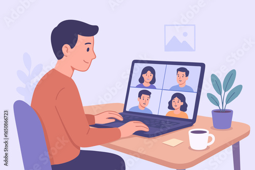 Vector illustration of man working on laptop and attending online video conference.