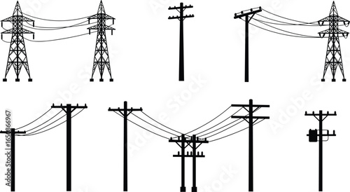 Silhouettes of electrical power transmission towers and utility poles with wires, energy distribution system, electrical grid infrastructure, and power line network.