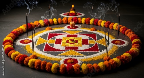A vibrant, circular rangoli design adorned with marigold flowers and lit incense sticks, creating a spiritual and festive atmosphere.