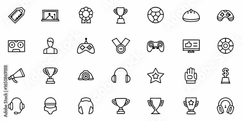 Illustration displaying various gaming and achievement related icons including trophies and controllers icons set