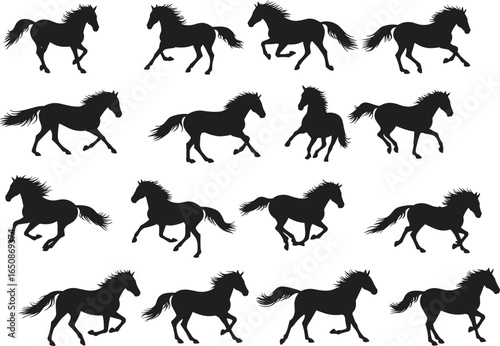 Silhouettes of horses in various running and trotting poses, horse animation frames, equine movement, horse silhouette vector set