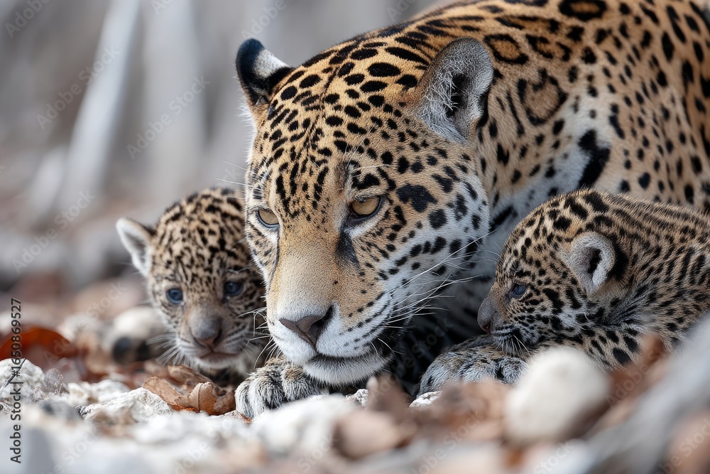 Naklejka premium A jaguar playing with its cubs