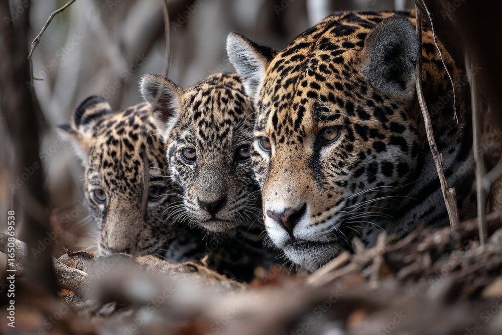 Naklejka premium A jaguar playing with its cubs